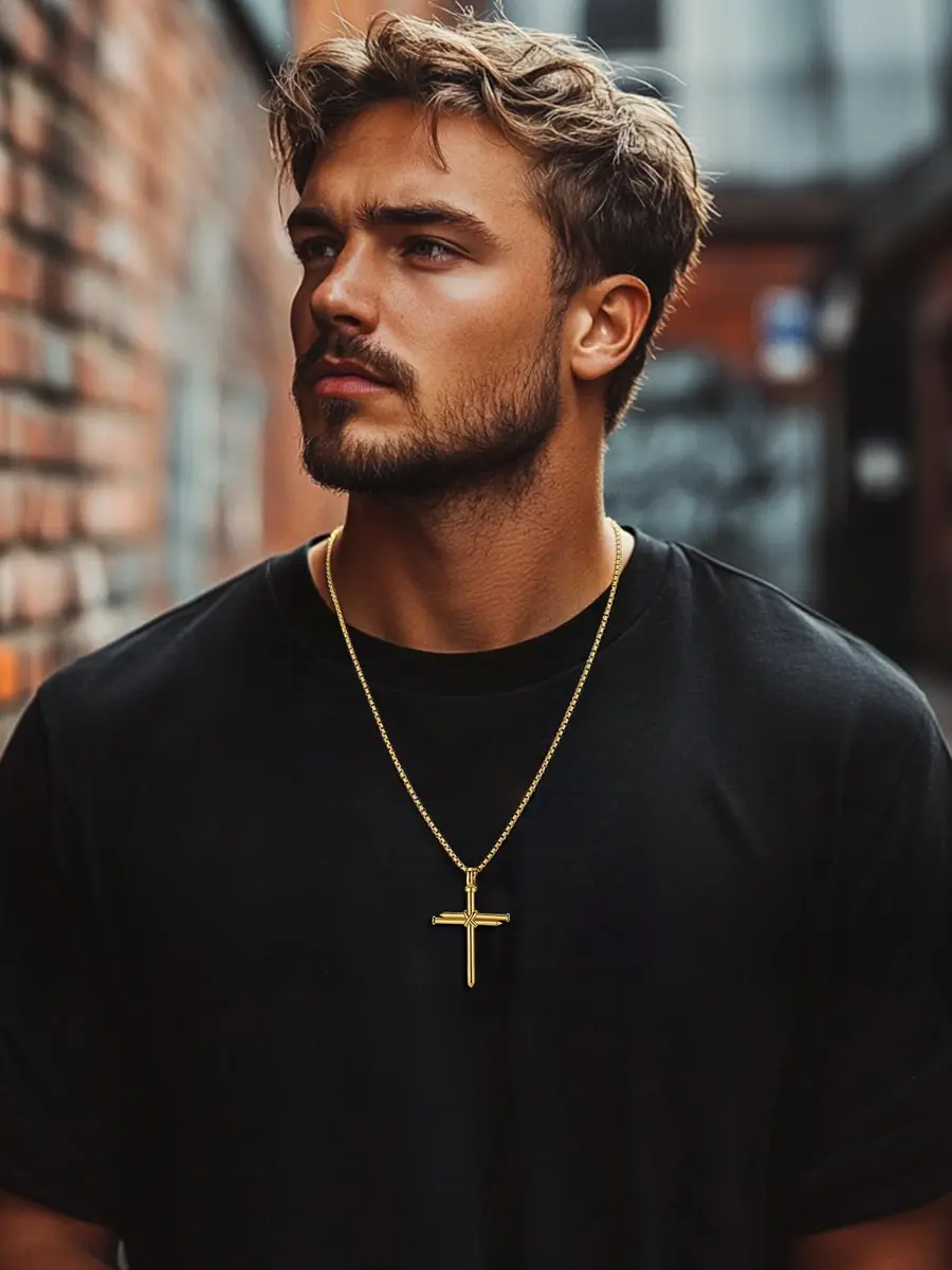 FaithHeart Nail Cross Necklace for Men, Gold Cross Pendant 54mm x 35mm | Stainless Steel Christian Jewelry - view 2