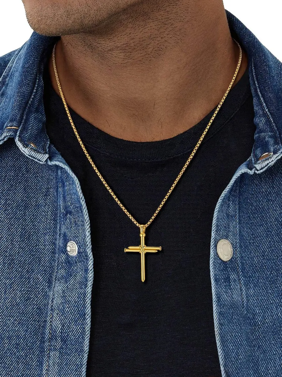 FaithHeart Nail Cross Necklace for Men, Gold Cross Pendant 54mm x 35mm | Stainless Steel Christian Jewelry - view 3