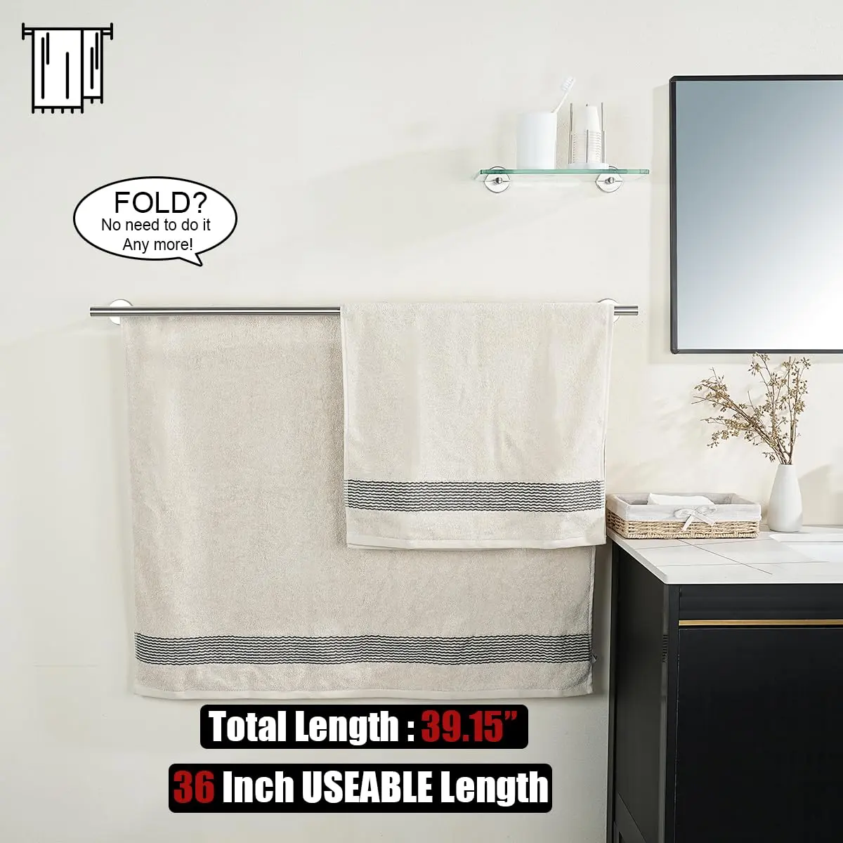 JQK Double Bath Towel Bar 39 Inch (99 cm) Brushed Stainless Steel | Wall Mount Holder for Bathroom - view 3