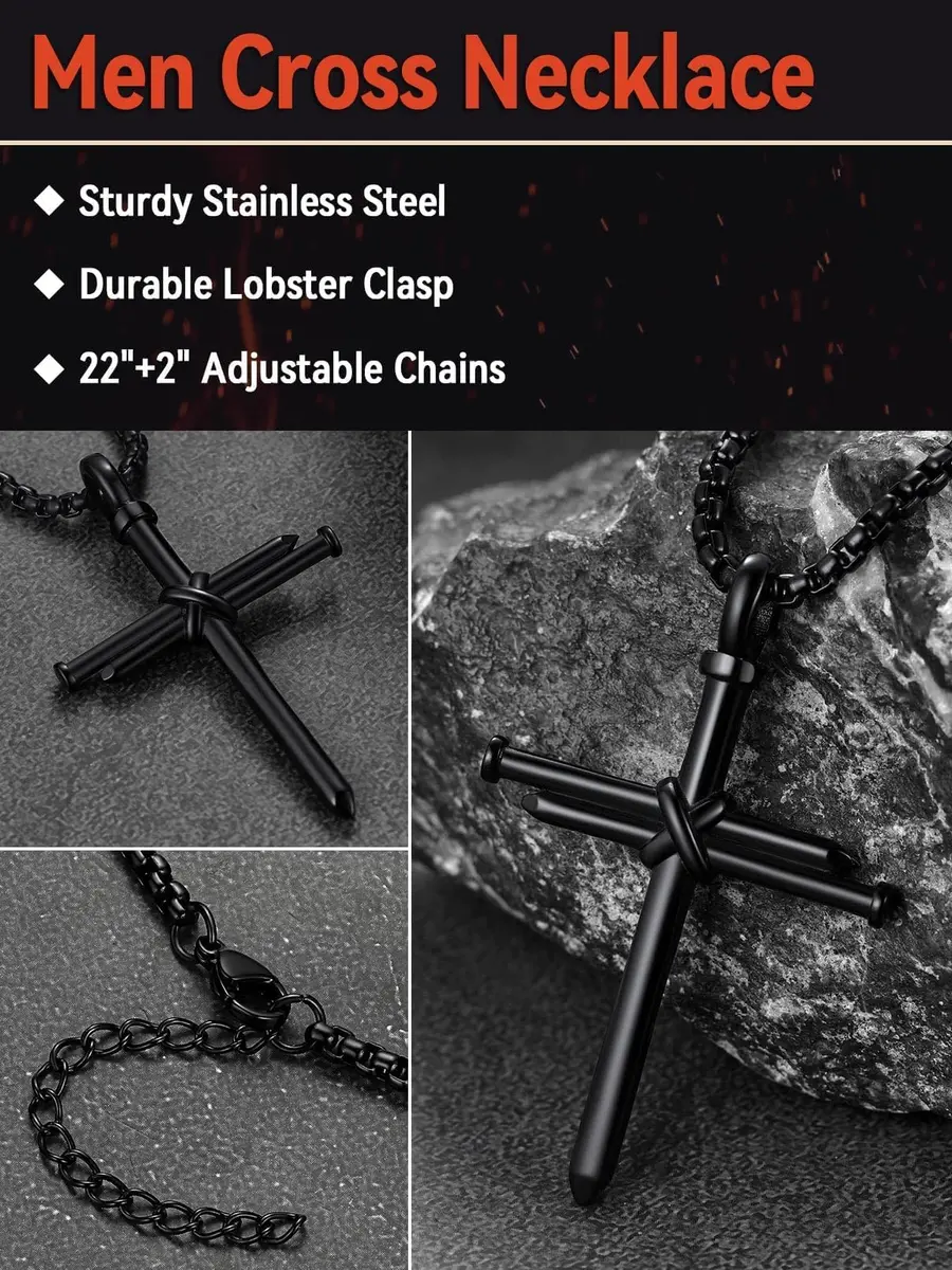 FaithHeart Black Cross Necklace for Men | Stainless Steel Pendant with Box Chain (54mm x 35mm) - view 5