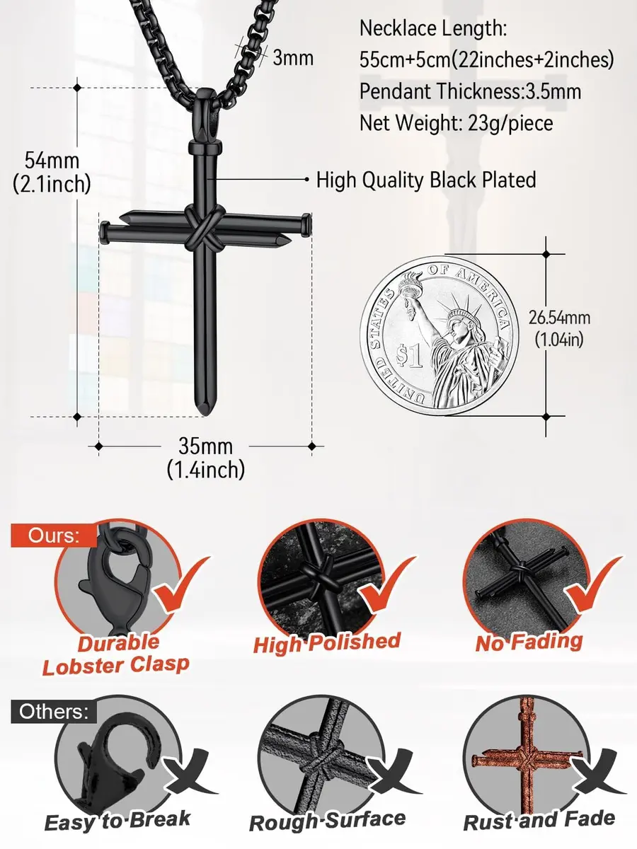FaithHeart Black Cross Necklace for Men | Stainless Steel Pendant with Box Chain (54mm x 35mm) - view 6