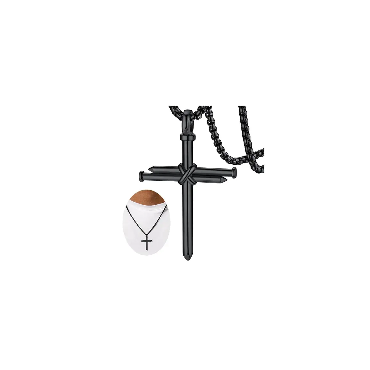 FaithHeart Black Cross Necklace for Men | Stainless Steel Pendant with Box Chain (54mm x 35mm) - main product image