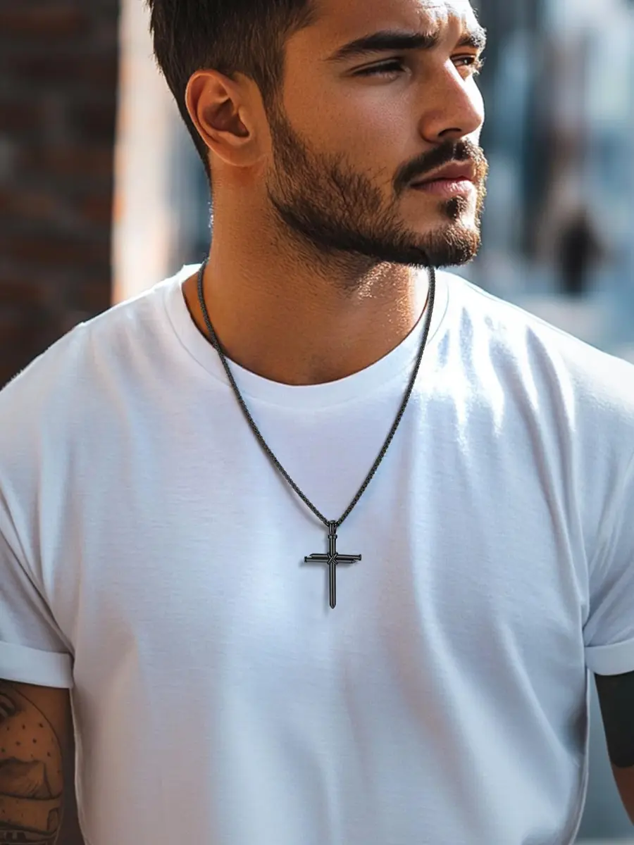 FaithHeart Black Cross Necklace for Men | Stainless Steel Pendant with Box Chain (54mm x 35mm) - view 2