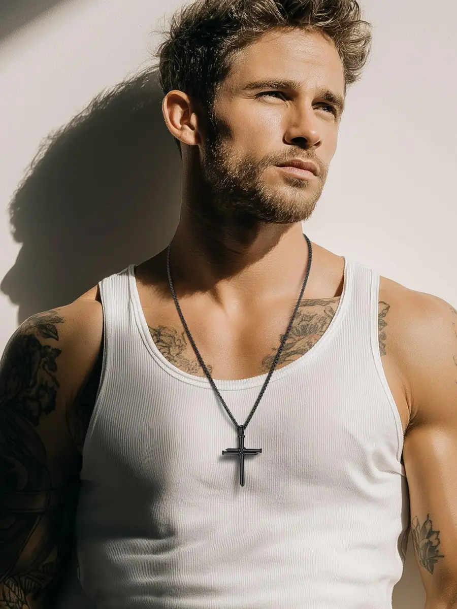 FaithHeart Black Cross Necklace for Men | Stainless Steel Pendant with Box Chain (54mm x 35mm) - view 3