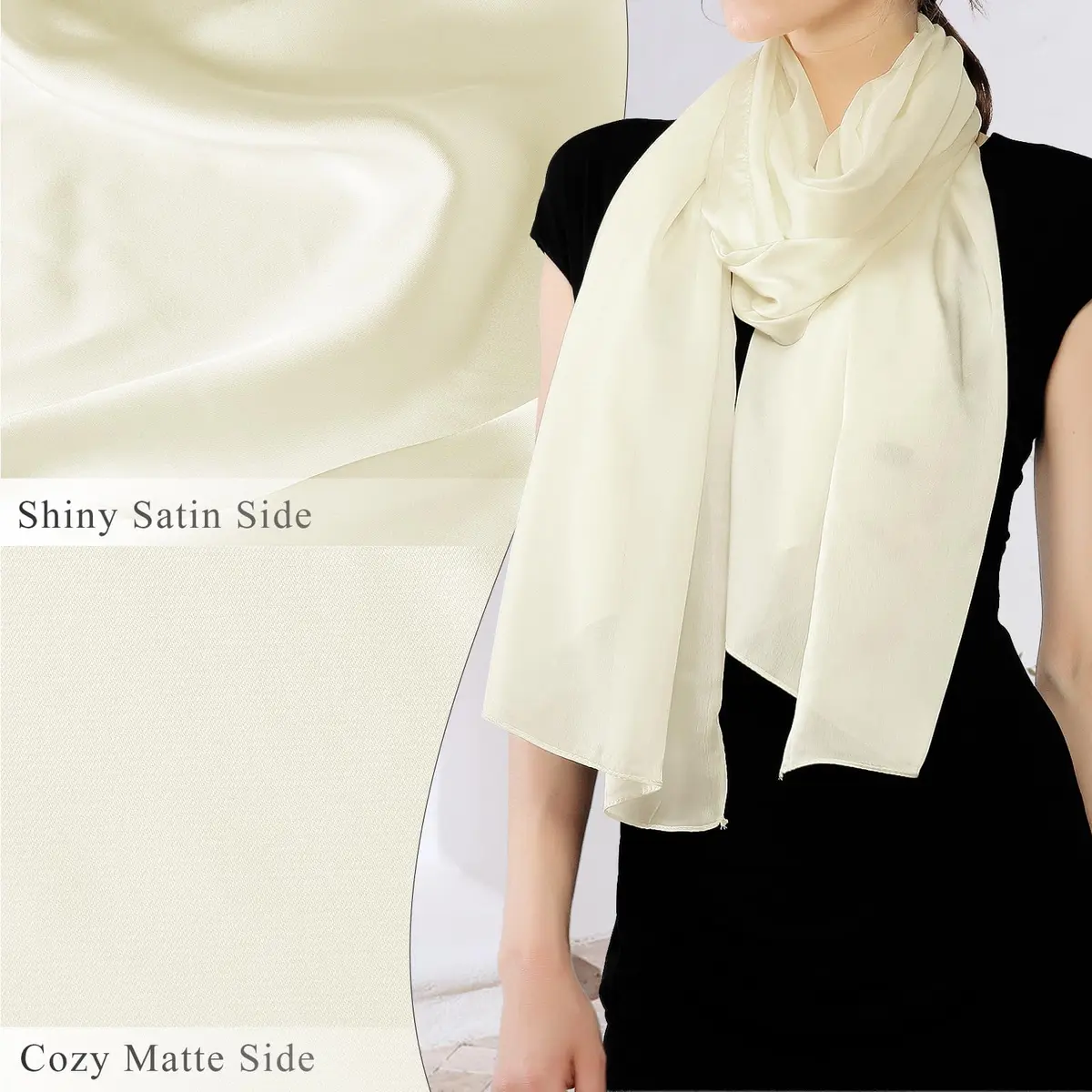 RIIQIICHY Women Shawls and Wraps for Evening Dresses 70.8"L x 35.4"W Ivory Silk Scarf Formal Silky Pashmina for Weddings - view 5