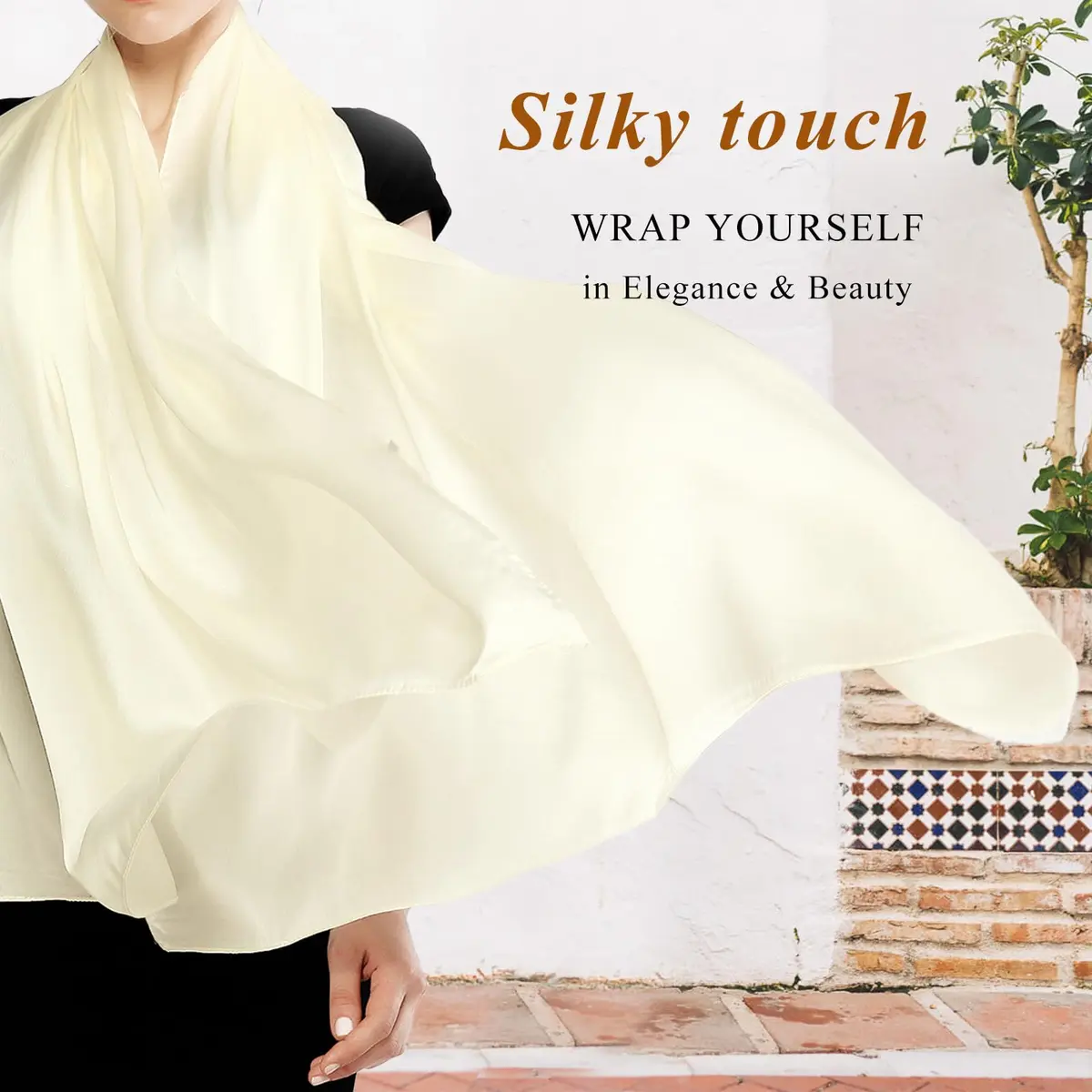 RIIQIICHY Women Shawls and Wraps for Evening Dresses 70.8"L x 35.4"W Ivory Silk Scarf Formal Silky Pashmina for Weddings - view 2