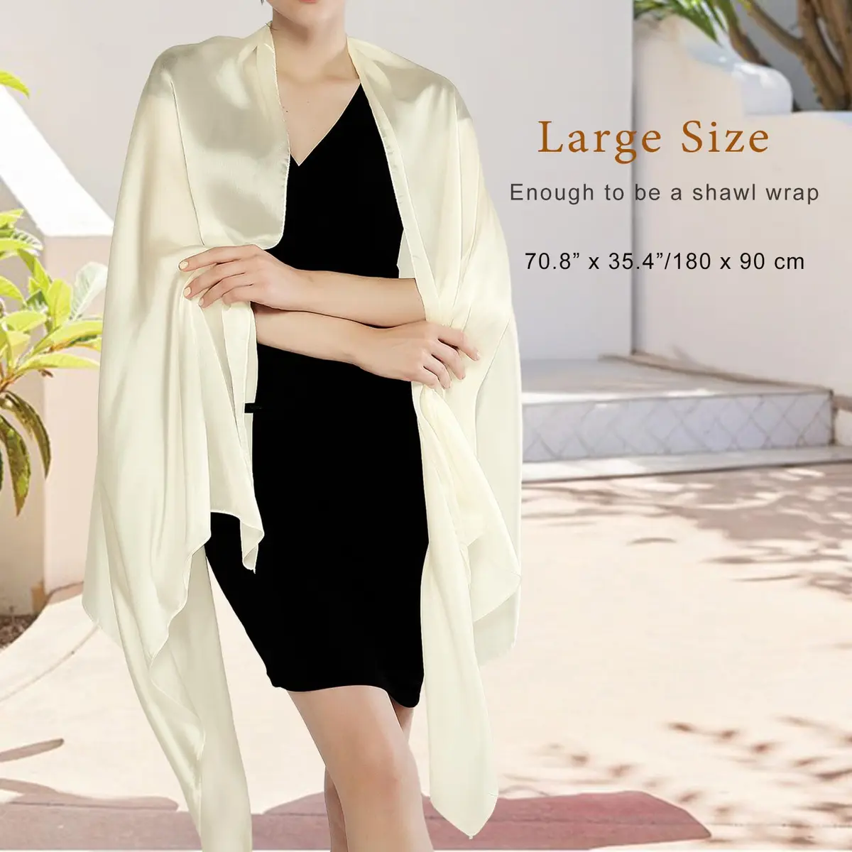 RIIQIICHY Women Shawls and Wraps for Evening Dresses 70.8"L x 35.4"W Ivory Silk Scarf Formal Silky Pashmina for Weddings - view 3