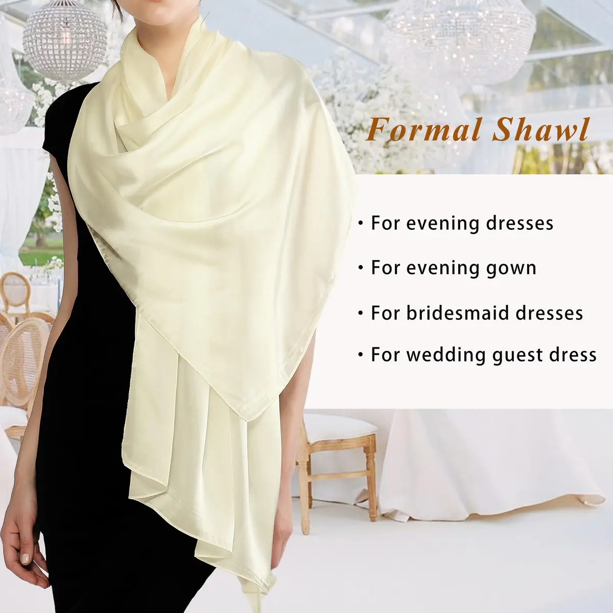 RIIQIICHY Women Shawls and Wraps for Evening Dresses 70.8"L x 35.4"W Ivory Silk Scarf Formal Silky Pashmina for Weddings - view 4