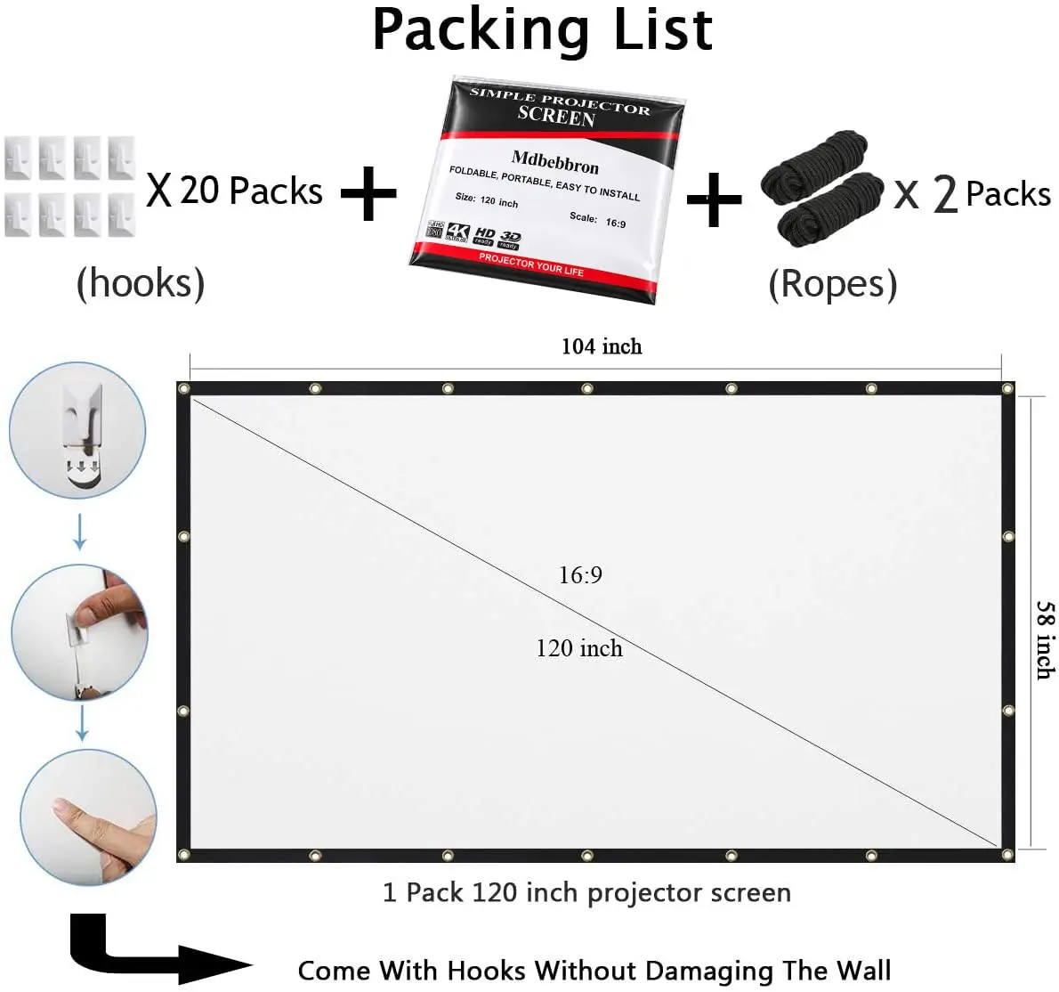 Mdbebbron 120 Inch Projector Screen 3.05 m (104" x 58") | Anti-Crease Portable Home Theater Outdoor Indoor Double Sided Projection - view 4