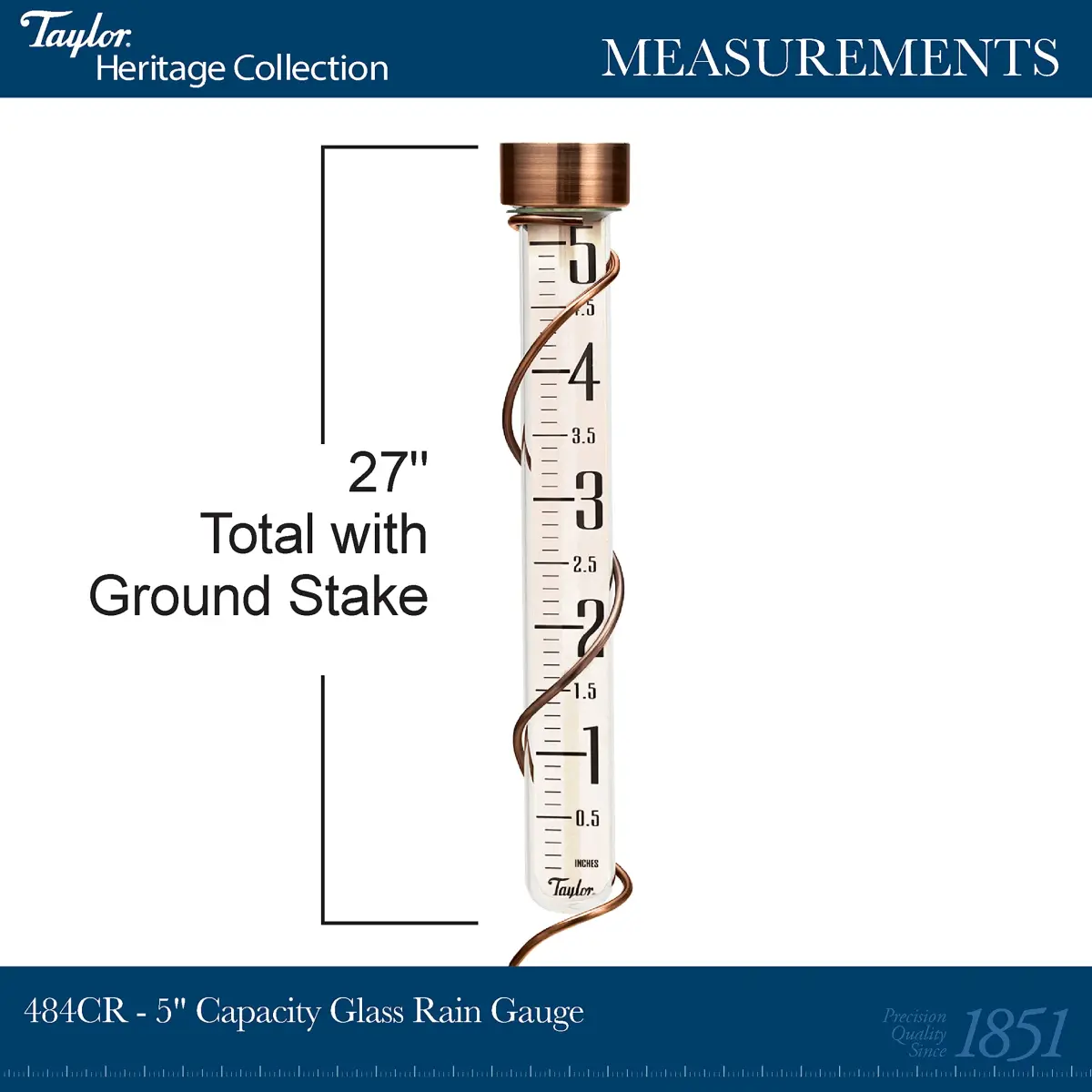 Taylor Heritage Collection Glass Rain Gauge, 42.3cm (27 inch) Tall, 12.7cm (5 inch) Capacity | Measure Rainfall Accurately - view 3