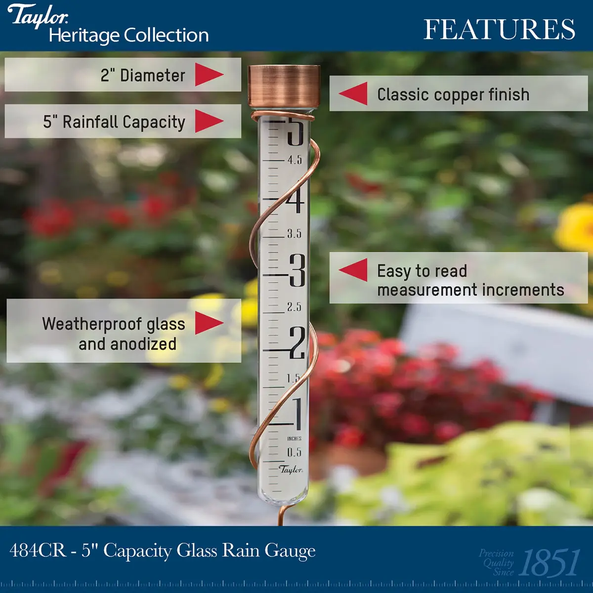 Taylor Heritage Collection Glass Rain Gauge, 42.3cm (27 inch) Tall, 12.7cm (5 inch) Capacity | Measure Rainfall Accurately - view 4