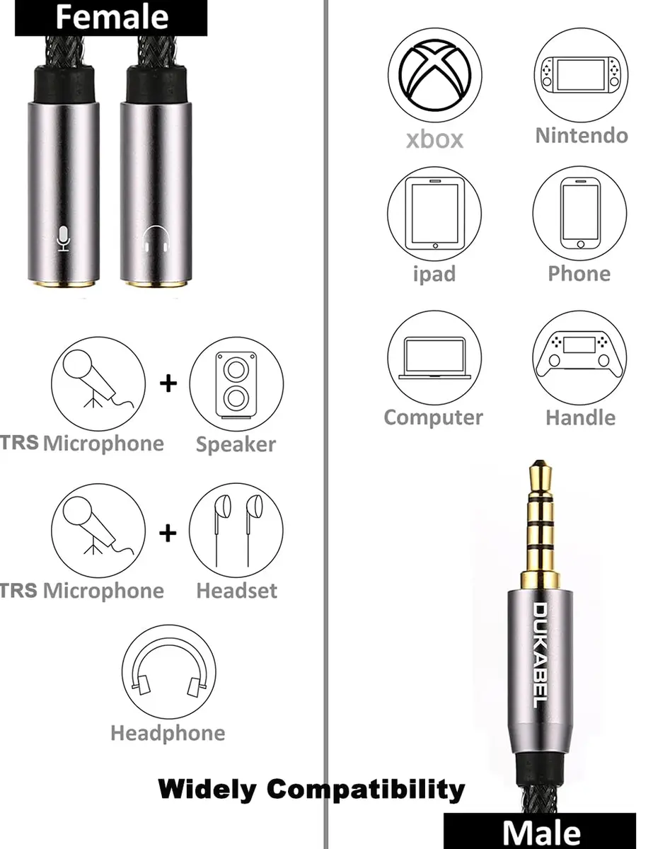 DUKABEL Headsets Adapter 3.5mm Splitter 30cm | Dual Audio & Mic Connection, Gold-Plated, Compatible with PC, Xbox, PS4 - view 2