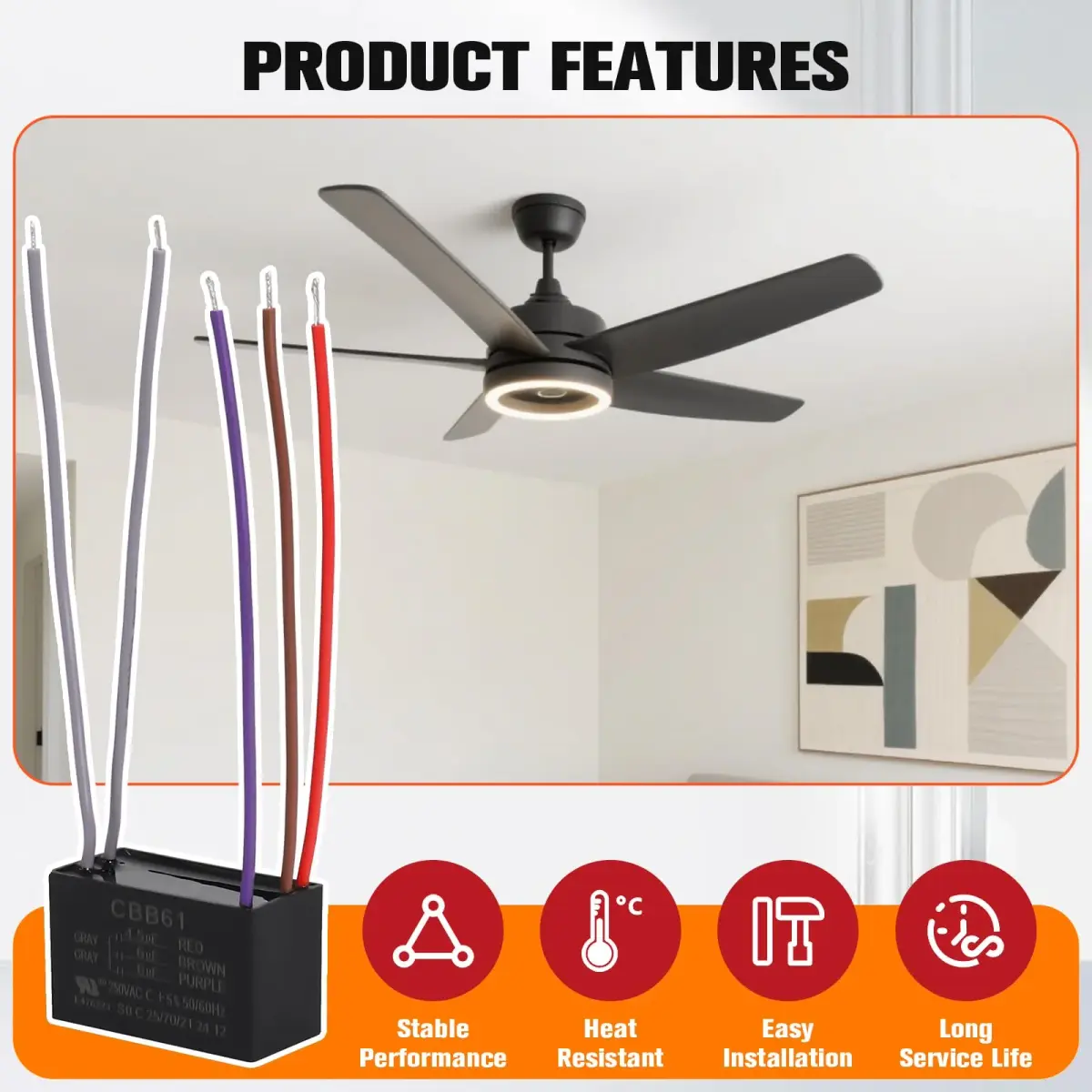 Podoy CBB61 Ceiling Fan Capacitor 4.5uF+6uF+6uF 5 Wire 2-Pack | AC 250V 50/60Hz Motor Run Capacitor - view 5