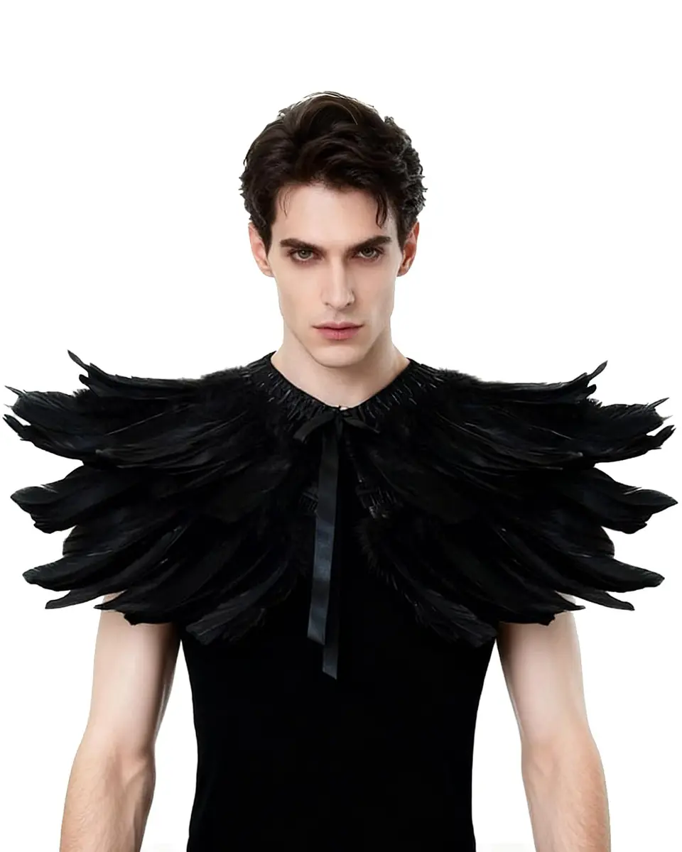 L'VOW Gothic Feather Shrug Cape Shawl Collar Men Halloween Costume, Black-5 | Unisex Dark Fantasy Accessory - main product image