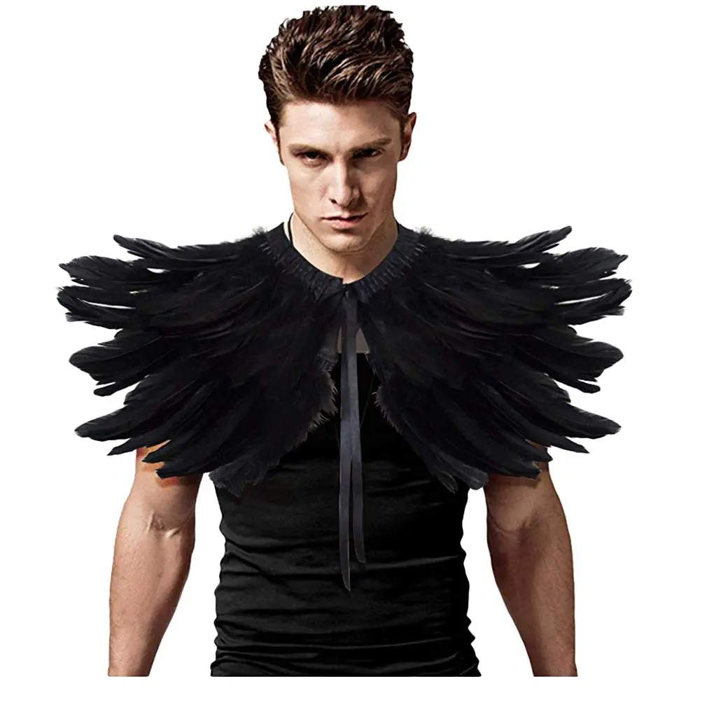L'VOW Gothic Feather Shrug Cape Shawl Collar Men Halloween Costume, Black-5 | Unisex Dark Fantasy Accessory - view 2
