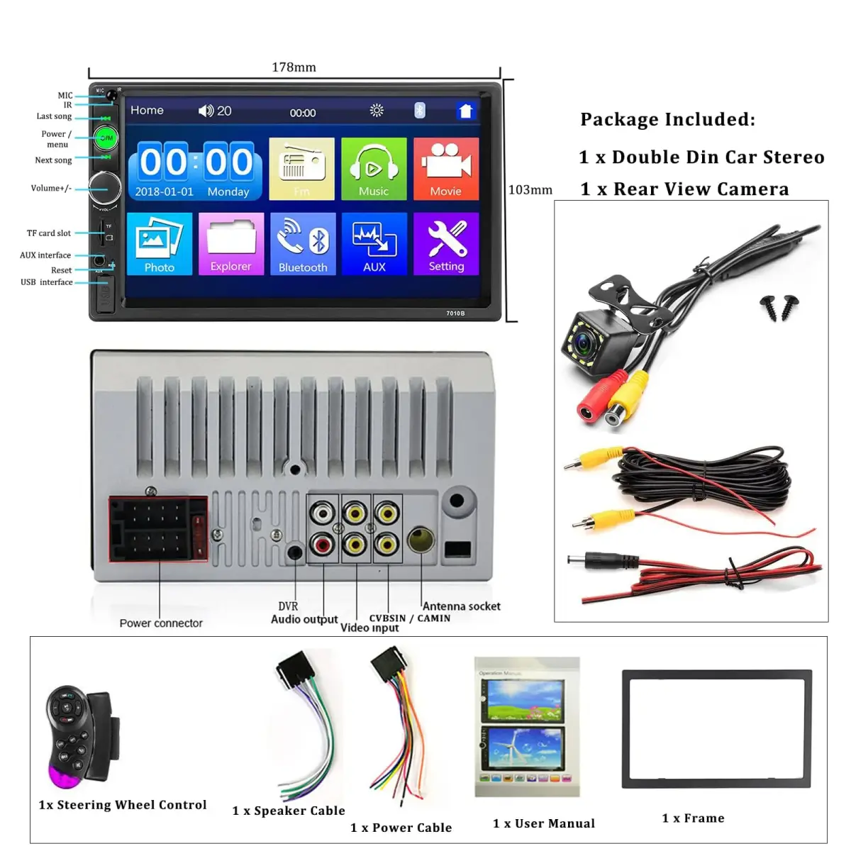 UNITOPSCI Double Din Car Stereo 7 Inch HD Touchscreen MP5 Player with Bluetooth & Backup Camera | 1080P HD Multimedia Receiver - view 7