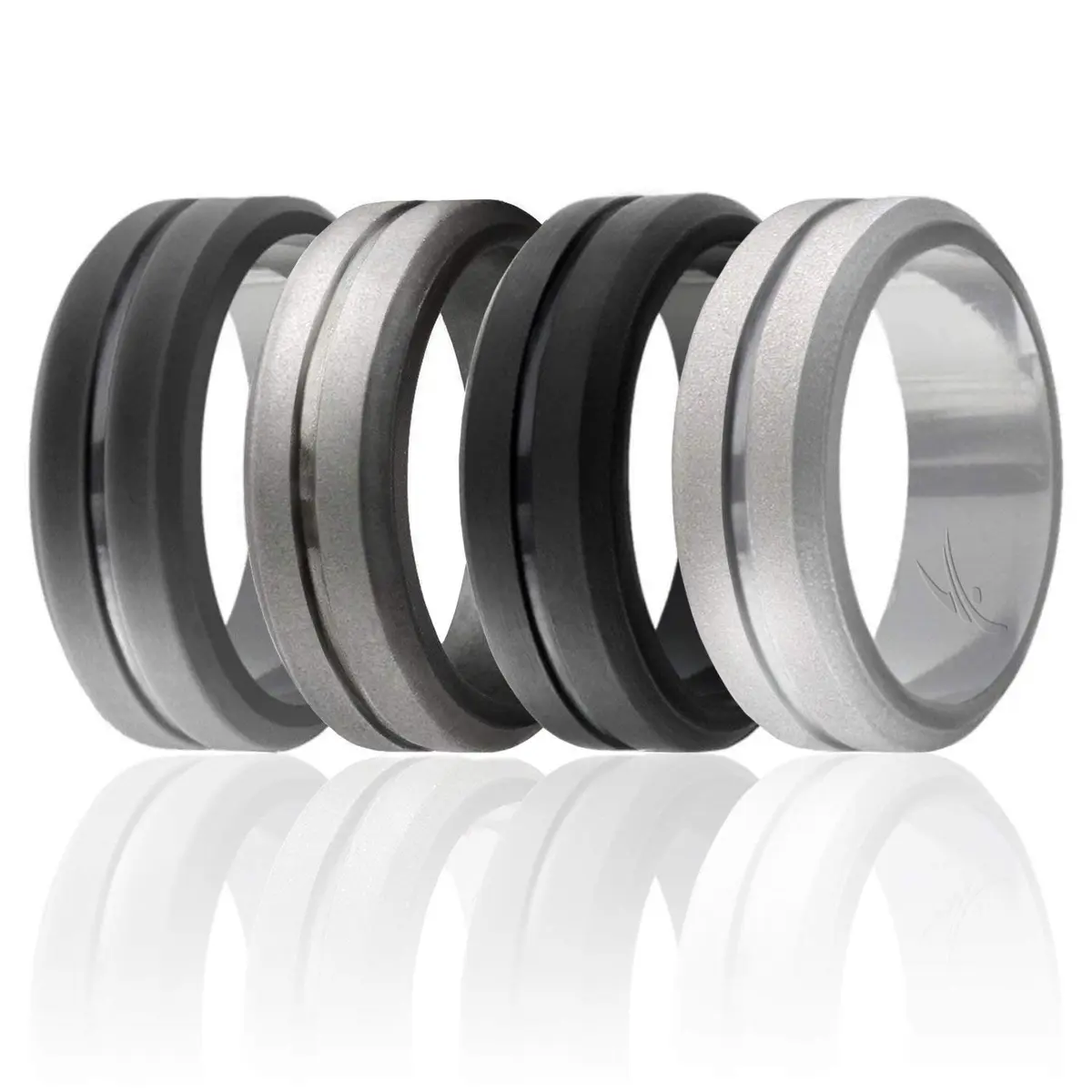 ROQ Silicone Wedding Ring for Men, 8mm Wide Comfort Fit Band, 4 Pack (Grey, Platinum, Black, Silver), Size 7 | Breathable & Safe for Active Lifestyles - main product image