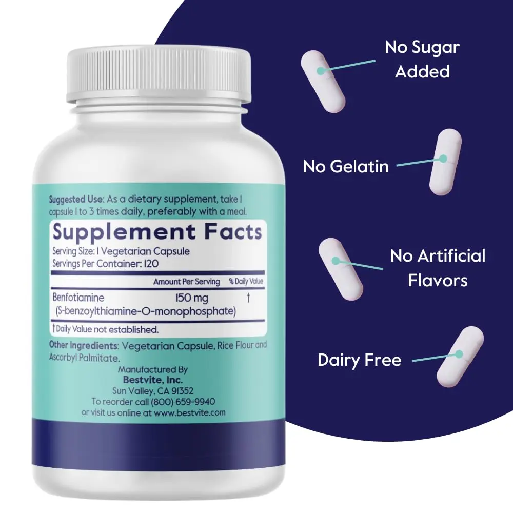 BESTVITE Benfotiamine 150mg (240 Veg Caps) (120x2) - No Stearates - Vegan | Supports Circulation & Nervous System - view 3