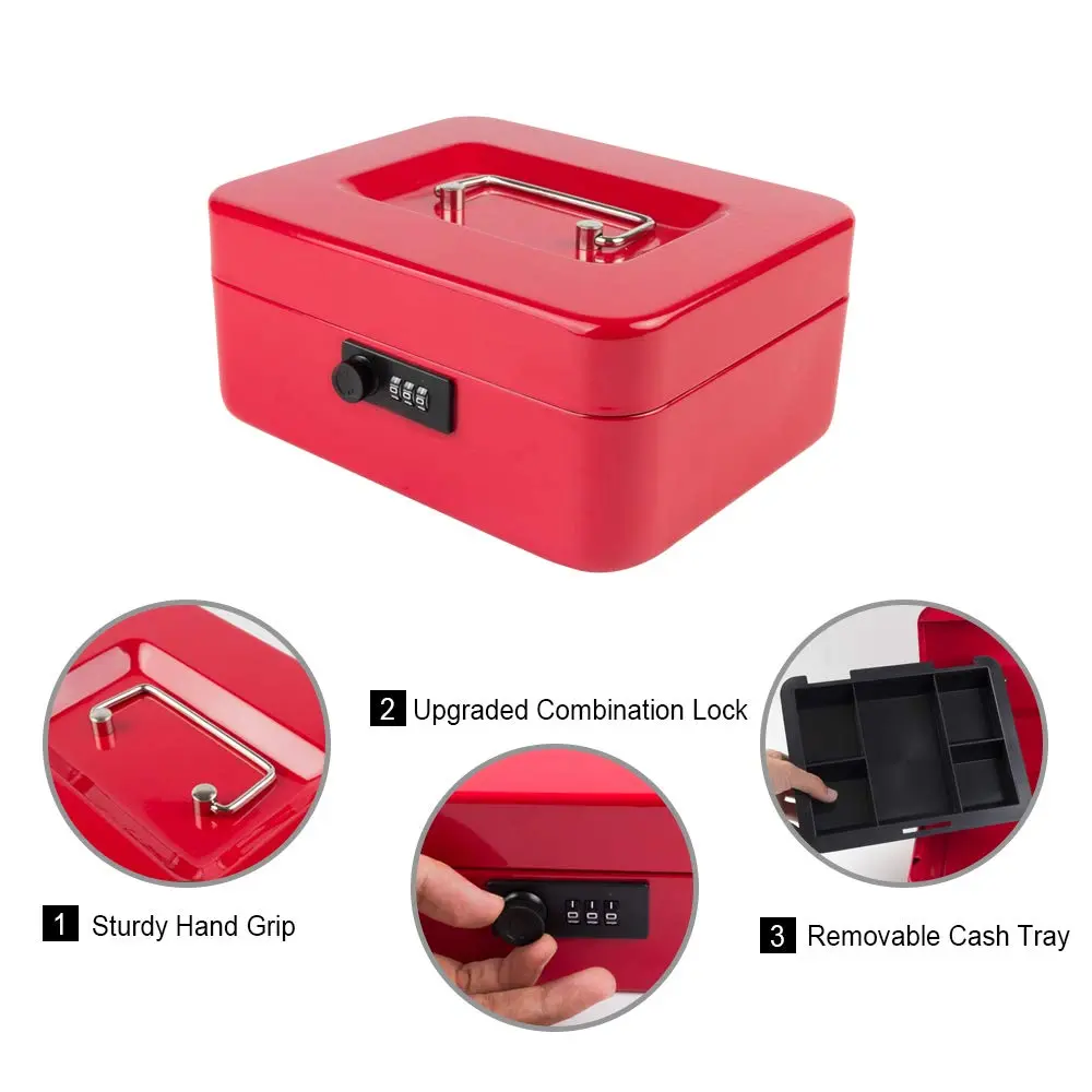 KYODOLED Medium Cash Box with Combination Lock 7.87"x 6.30"x 3.54" Red | Metal Money Safe with Removable Tray - view 2