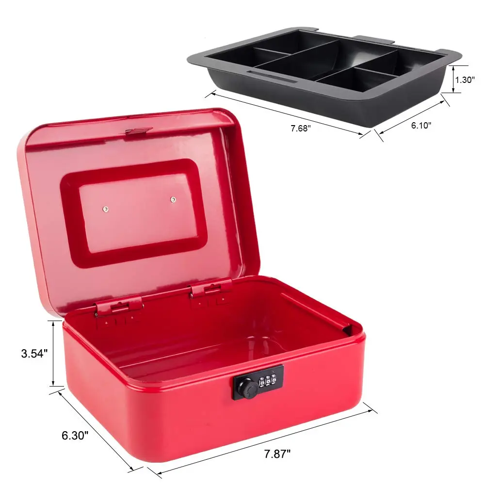 KYODOLED Medium Cash Box with Combination Lock 7.87"x 6.30"x 3.54" Red | Metal Money Safe with Removable Tray - view 3