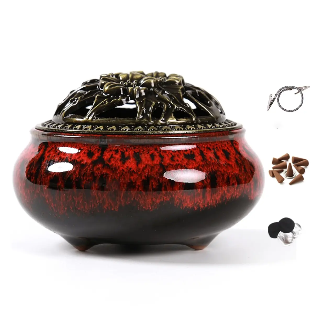 LamDawn Fambe Red Ceramic Incense Burner with Calabash Holder | Meditation & Relaxation - view 8