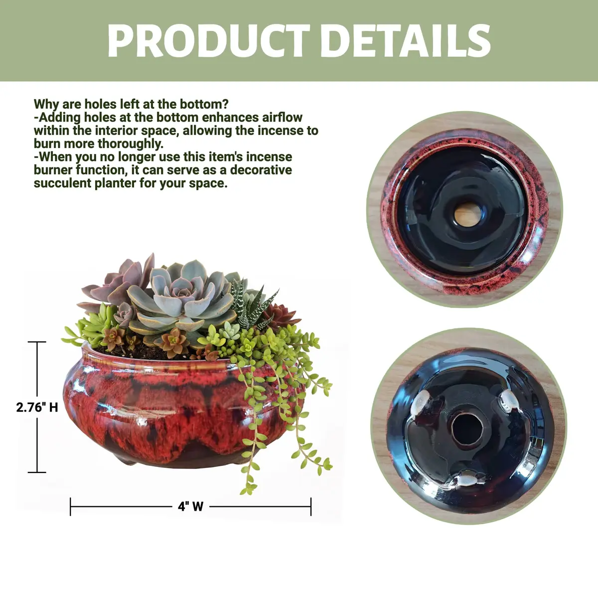 LamDawn Fambe Red Ceramic Incense Burner with Calabash Holder | Meditation & Relaxation - view 9