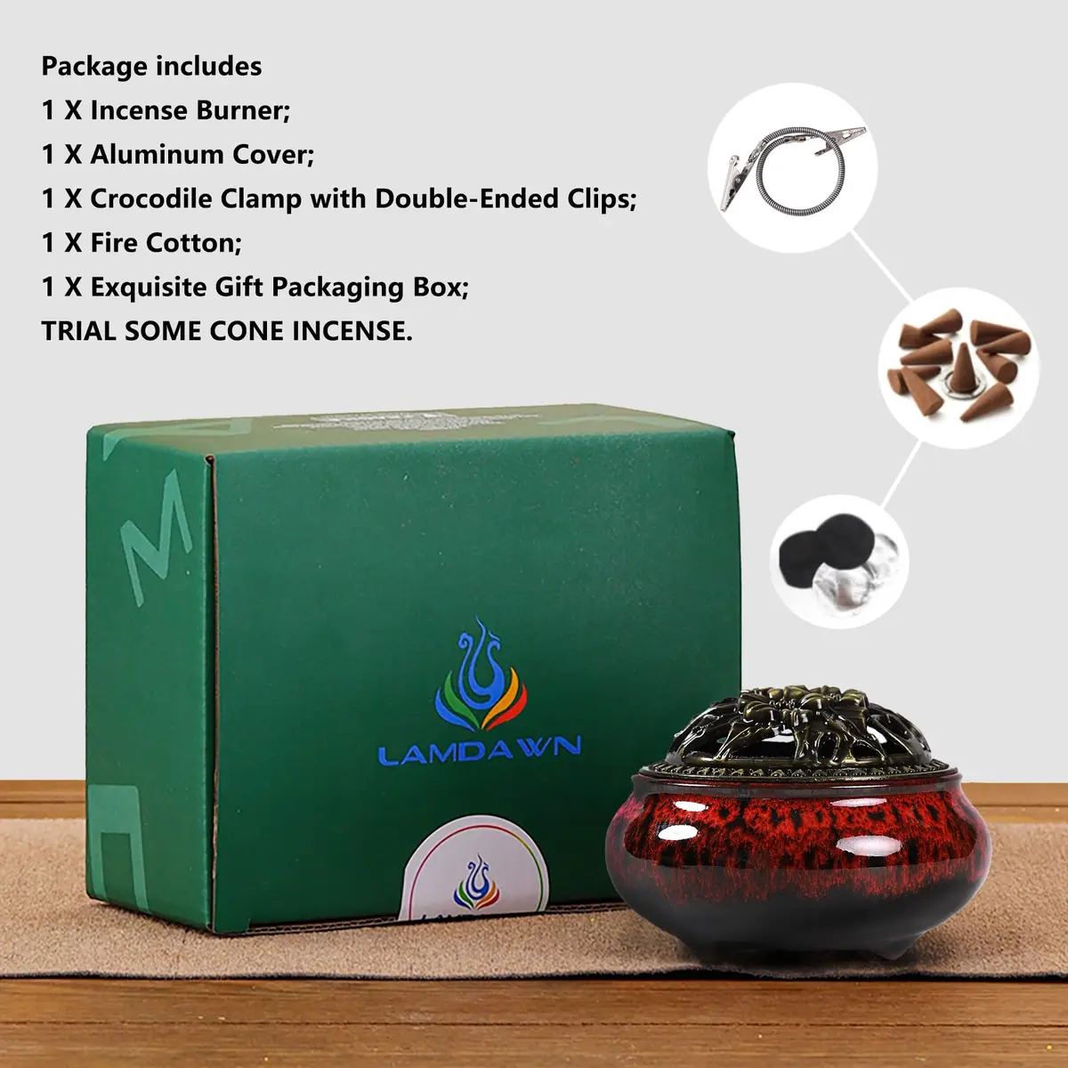 LamDawn Fambe Red Ceramic Incense Burner with Calabash Holder | Meditation & Relaxation - view 3