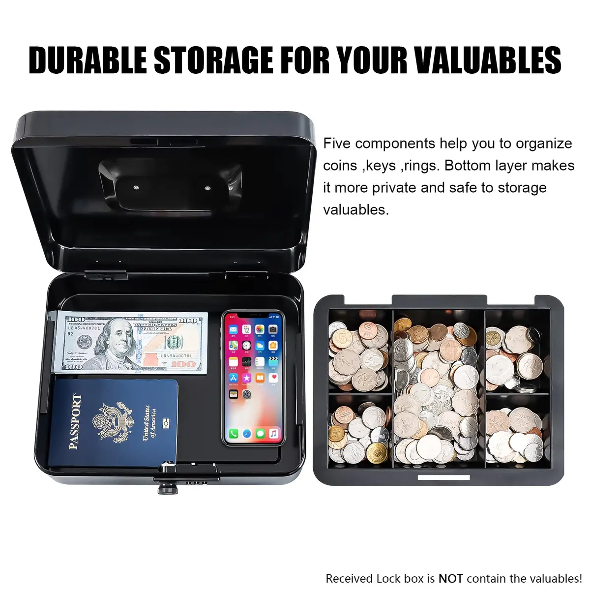 KYODOLED Large Cash Box with Combination Lock 9.84"x 7.87"x 3.54" | Metal Money Safe with Removable Tray - view 4