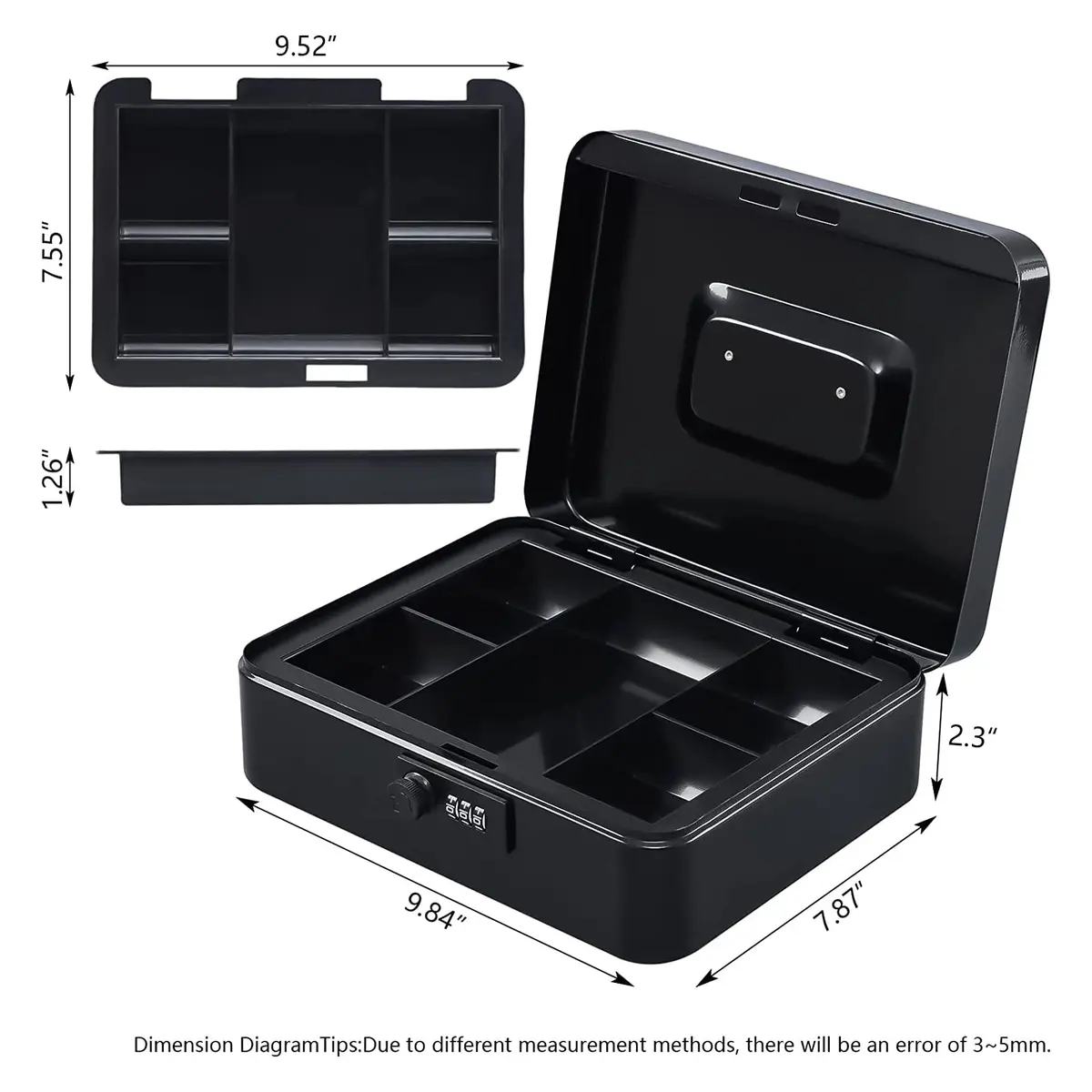KYODOLED Large Cash Box with Combination Lock 9.84"x 7.87"x 3.54" | Metal Money Safe with Removable Tray - view 5