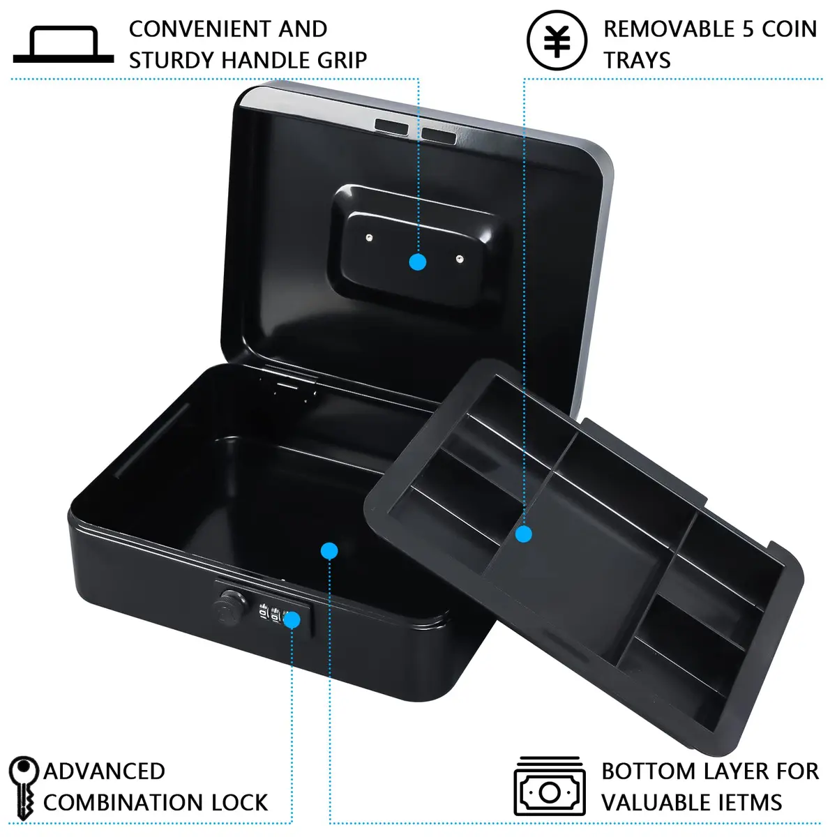 KYODOLED Large Cash Box with Combination Lock 9.84"x 7.87"x 3.54" | Metal Money Safe with Removable Tray - view 3