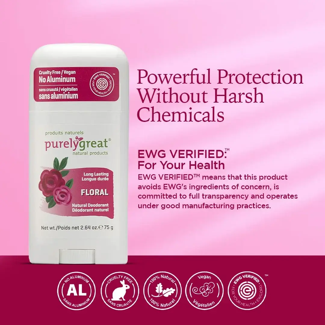 Purelygreat Floral Scented Natural Deodorant Stick 75g (2.64 oz) | EWG Verified, Aluminum-Free Odor Protection - view 7