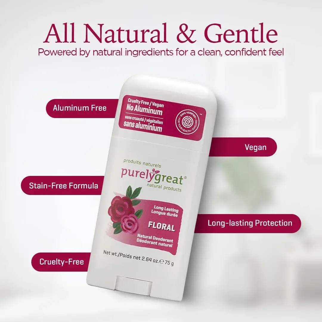 Purelygreat Floral Scented Natural Deodorant Stick 75g (2.64 oz) | EWG Verified, Aluminum-Free Odor Protection - view 3