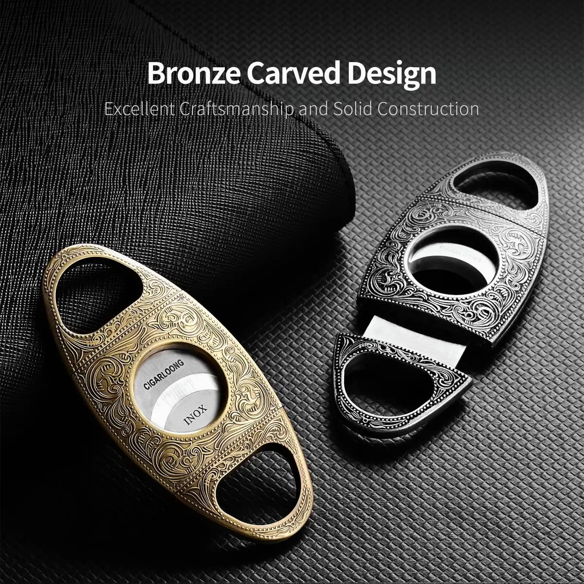 CIGARLOONG Cigar Cutter Stainless Steel Bronze Engraved Double Cut Blade | Precision & Durability for Cigars in India - view 2
