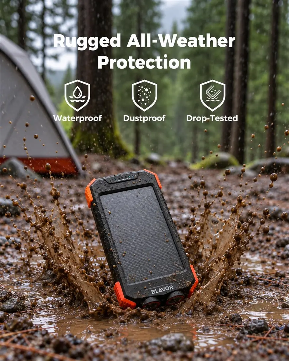BLAVOR Solar Power Bank 10,000mAh Portable Wireless Charger for Cell Phones | IPX5 Waterproof, Fast Charging, Compact - view 5