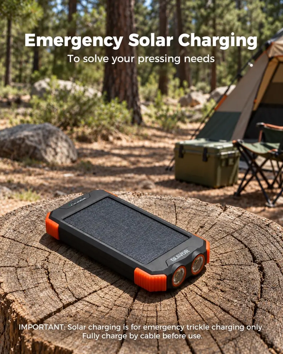 BLAVOR Solar Power Bank 10,000mAh Portable Wireless Charger for Cell Phones | IPX5 Waterproof, Fast Charging, Compact - view 6