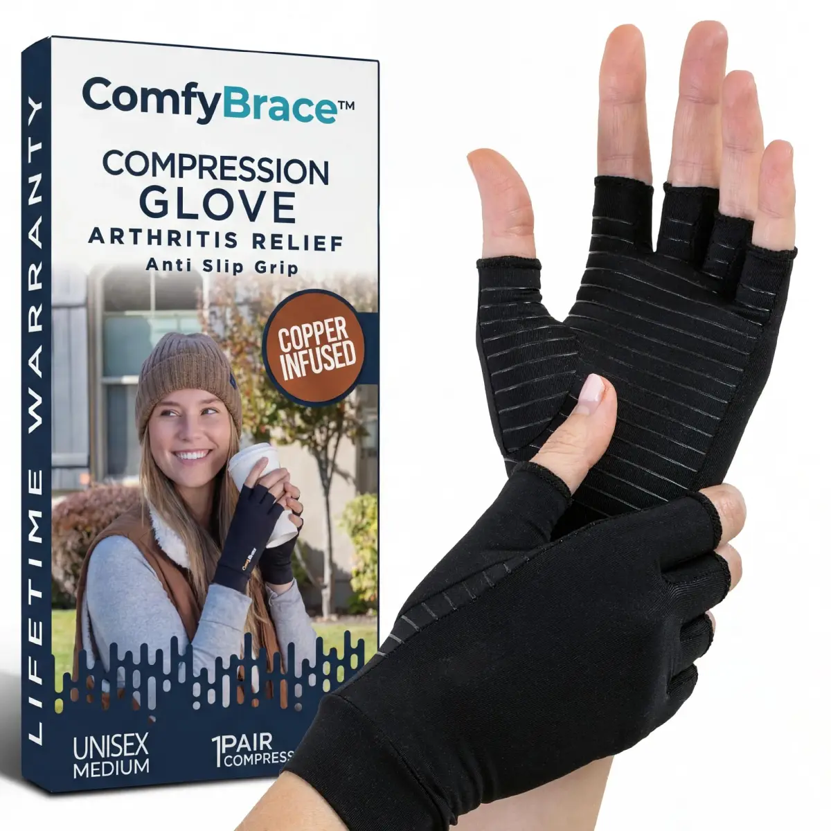 ComfyBrace Copper Infused Arthritis Gloves - Medium, Black | Hand & Finger Relief from Rheumatoid Arthritis, Carpal Tunnel, Tendonitis & Poor Circulation - main product image