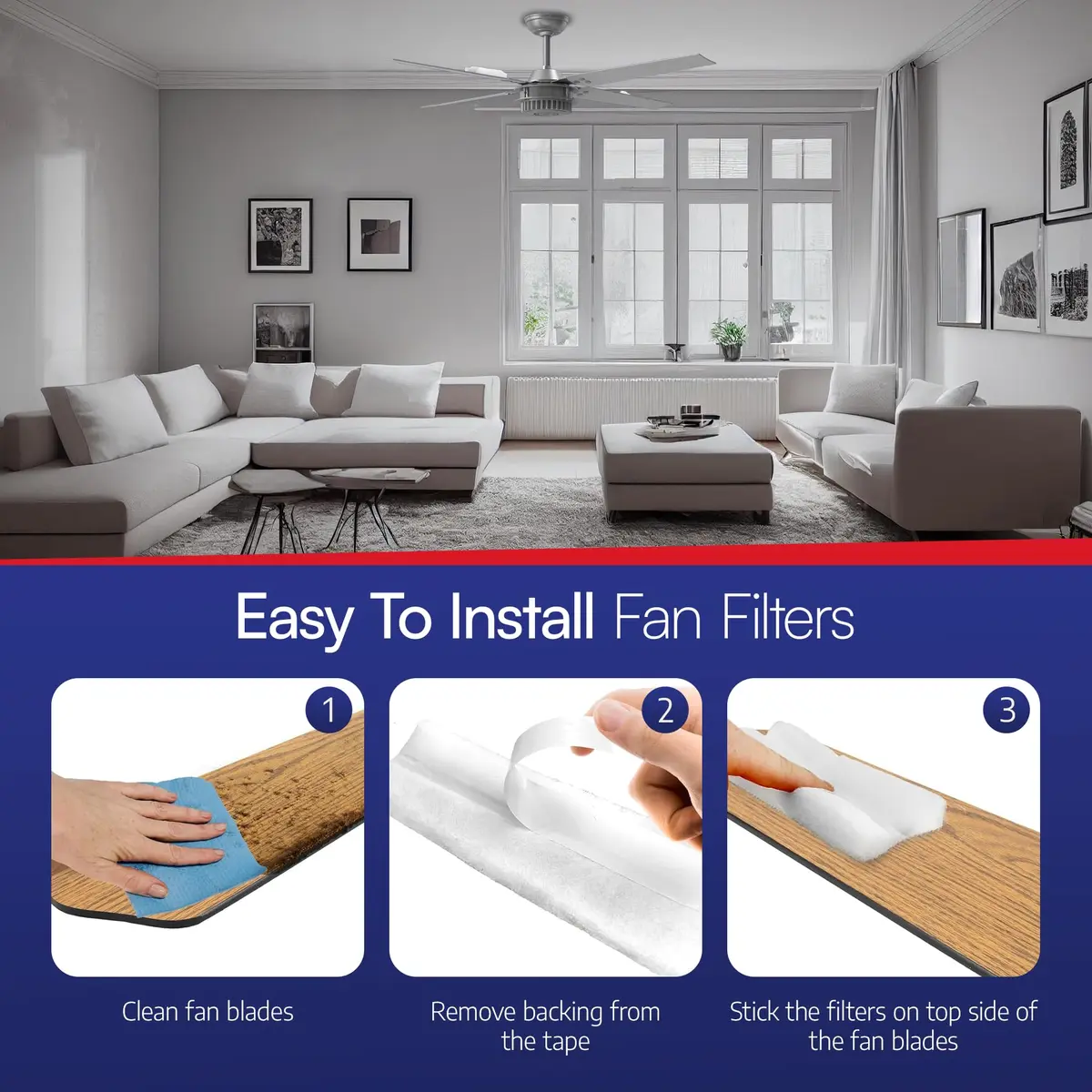 BioStrike Ceiling Fan Blade Air Filter - Dust & Allergen Catcher - Easy-Attach - Blade Filters for Any Fan Size - Reduce Airborne Particles - Made in USA (6 Packs w/ 2 filters each) - view 5