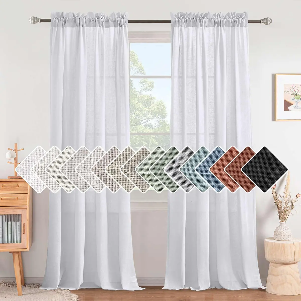 H.VERSAILTEX Linen Curtains 96 Inches | Semi Sheer, 2 Panels, Living Room & Bedroom, Heathered White - main product image