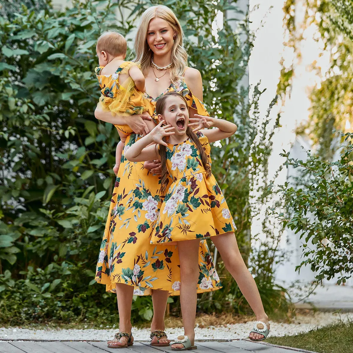 PopReal Mommy and Me Dresses Floral Printed Sleeveless Infant Baby Girl Tulle Dress Romper Yellow | Perfect for Special Occasions - view 2