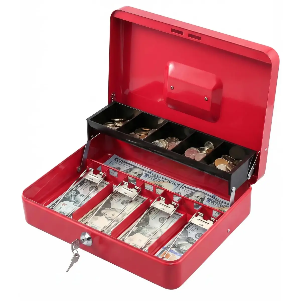 KYODOLED Locking Cash Box with Key & Tray 30cm (11.81") Red XL | Secure Metal Money Organizer - main product image
