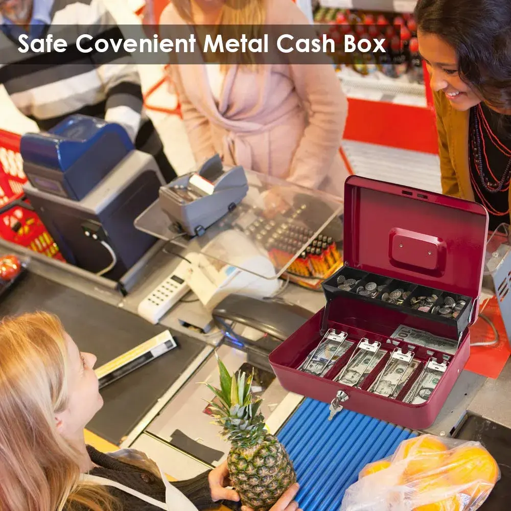 KYODOLED Locking Cash Box with Key & Tray 30cm (11.81") Red XL | Secure Metal Money Organizer - view 7
