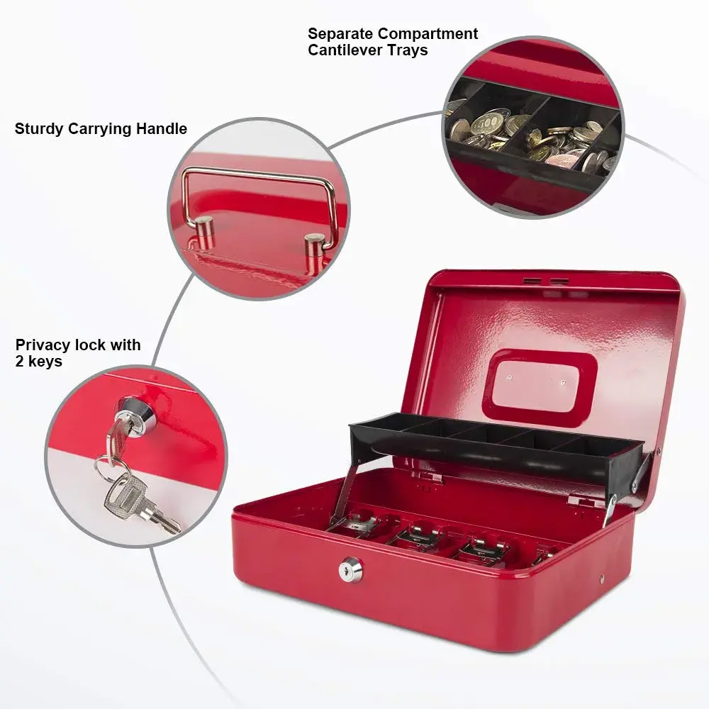 KYODOLED Locking Cash Box with Key & Tray 30cm (11.81") Red XL | Secure Metal Money Organizer - view 2