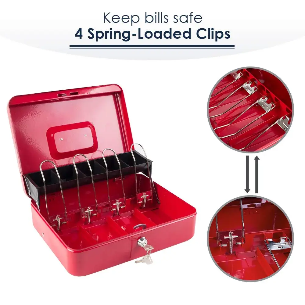 KYODOLED Locking Cash Box with Key & Tray 30cm (11.81") Red XL | Secure Metal Money Organizer - view 3