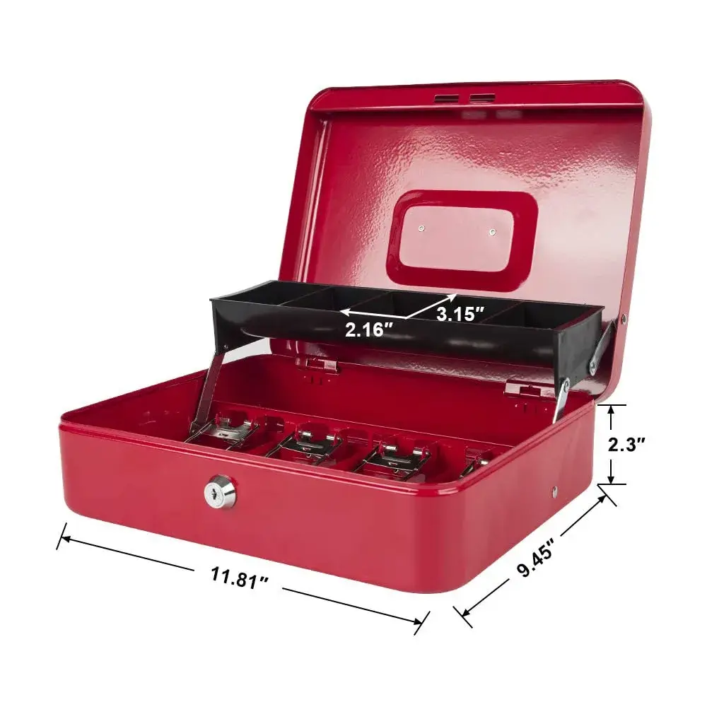 KYODOLED Locking Cash Box with Key & Tray 30cm (11.81") Red XL | Secure Metal Money Organizer - view 4