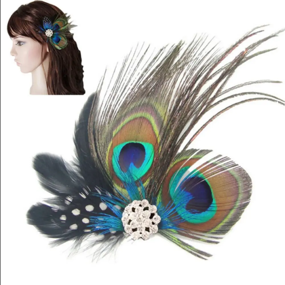 Comidox Hair Clip, Peacock Feather & Rhinestones | Elegant Vintage Alligator Clip for Women, Weddings & Parties - view 3