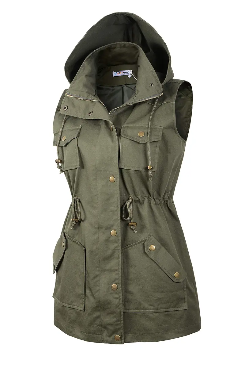 BBX Lephsnt Women's Front Zipper Solid Utility Anorak Hoodie Vest | Casual Military Style, Adjustable Fit - view 9