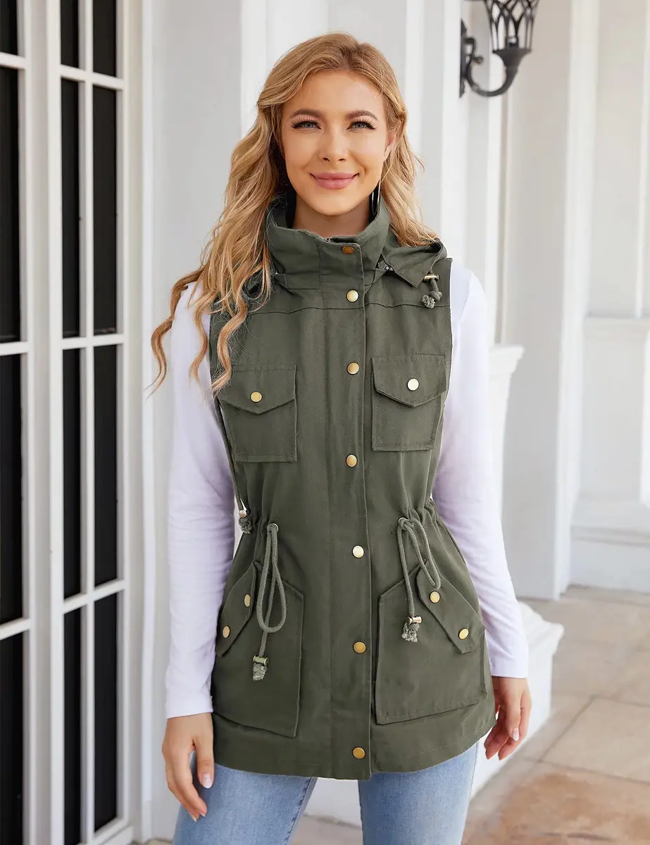 BBX Lephsnt Women's Front Zipper Solid Utility Anorak Hoodie Vest | Casual Military Style, Adjustable Fit - view 3