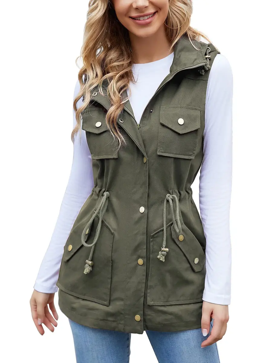 BBX Lephsnt Women's Front Zipper Solid Utility Anorak Hoodie Vest | Casual Military Style, Adjustable Fit - view 4