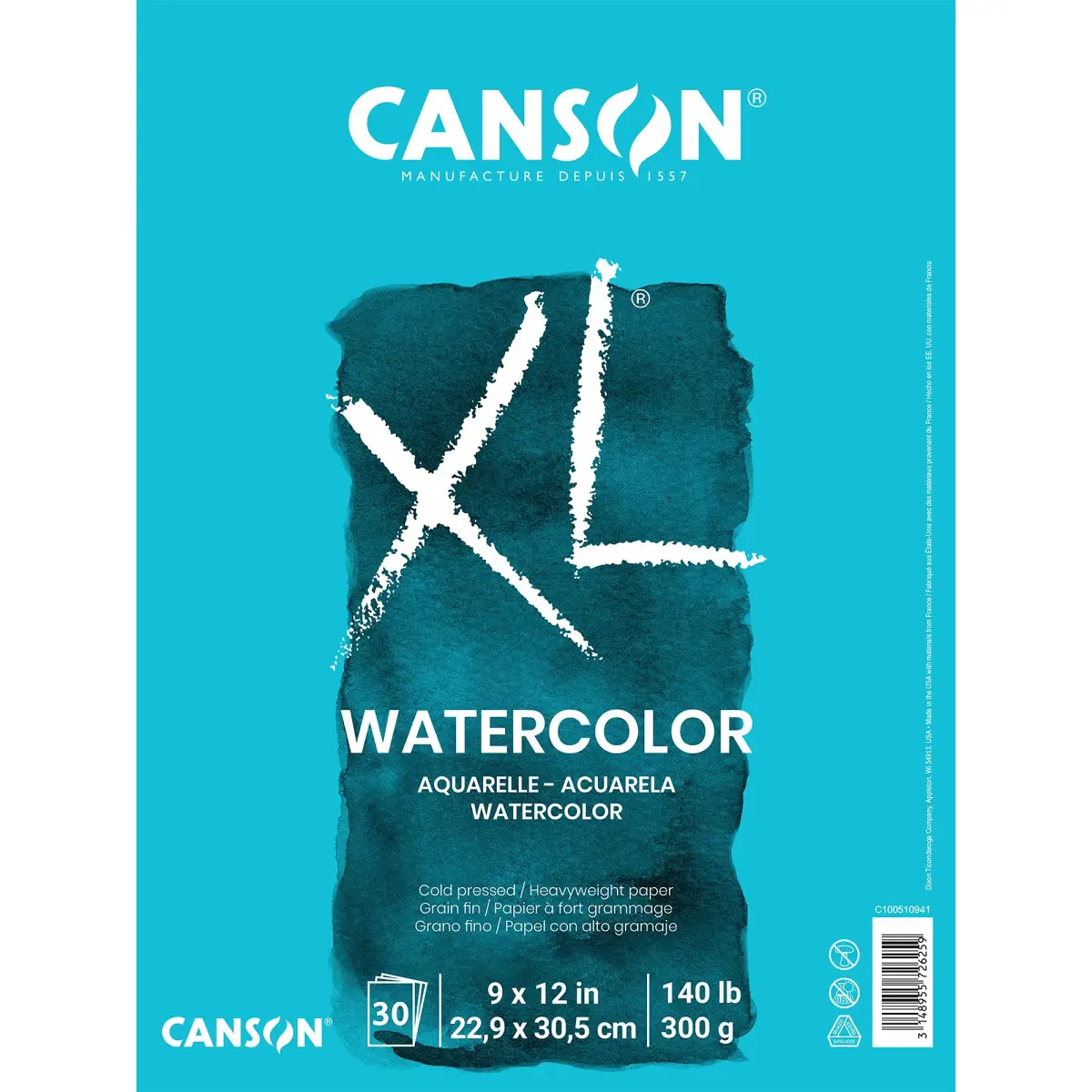 Canson XL Series Watercolor Paper Pad 9" x 12" 30 Sheets/Pad 6 Pads | 140 lb (300 gsm) Cold Press Paper for Mixed Media Art - main product image