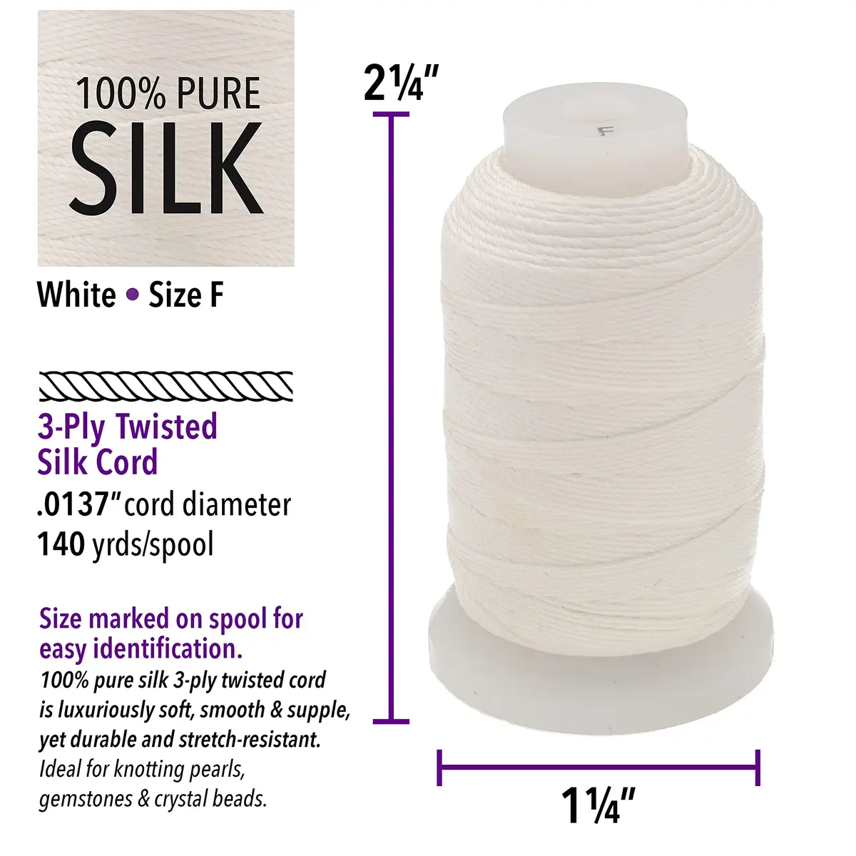 The Beadsmith Pure Silk Cord White Size F 0.348 mm (0.0137") 420 ft | Luxury Jewelry Stringing - view 3